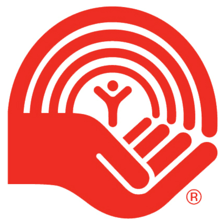 United Way logo - a red hand holding a stick figure person, with a rainbow shape overtop