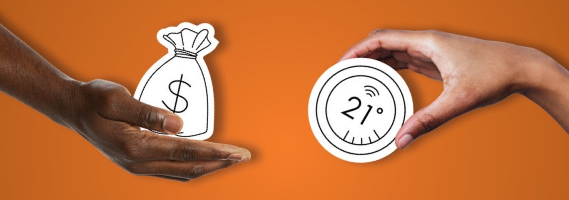 SaskPower Energy Discount Program Hands holding a money bag and smart thermostat