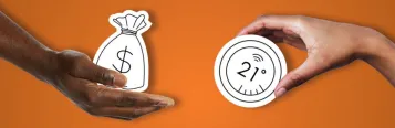 Hands holding a money bag and smart thermostat