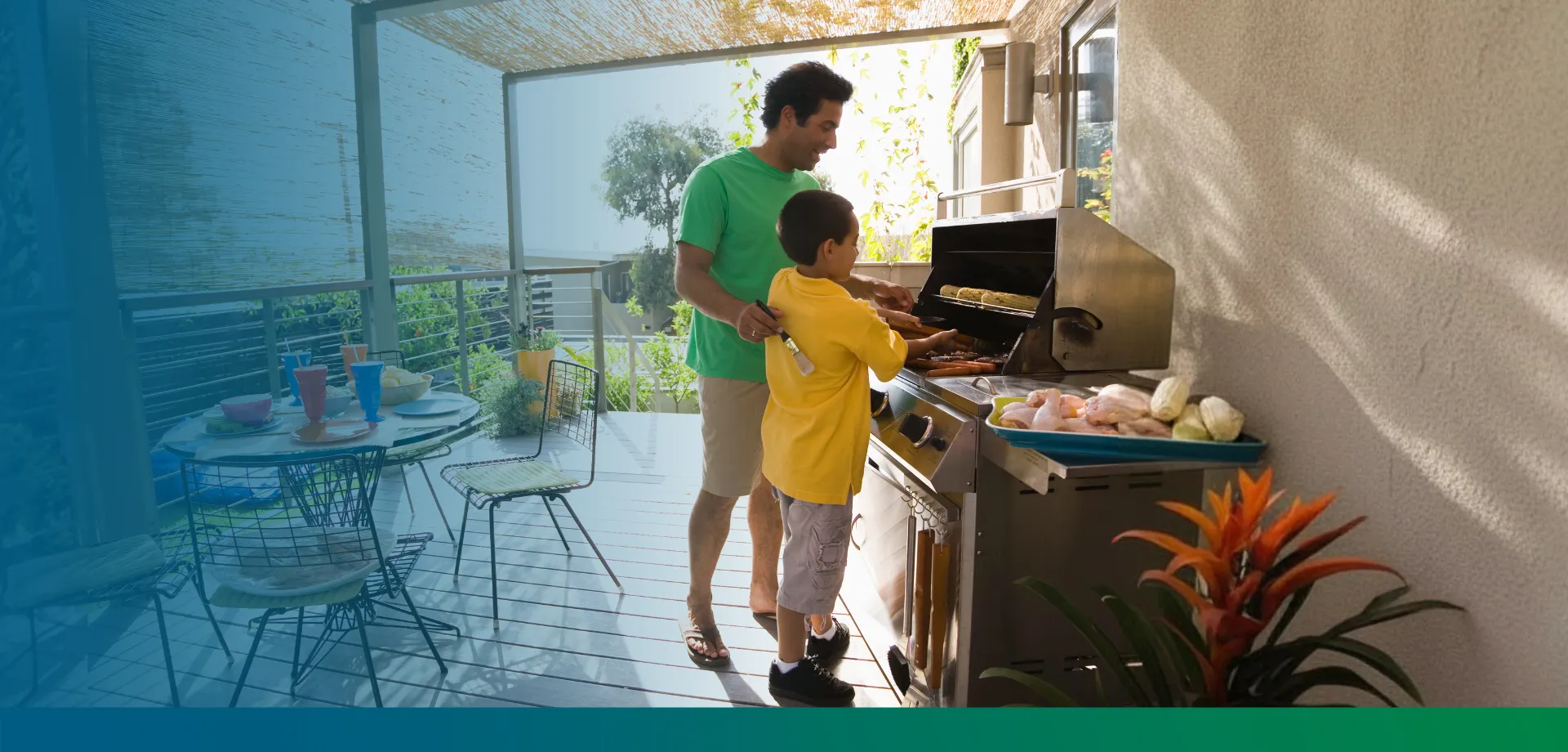 father and son barbecuing