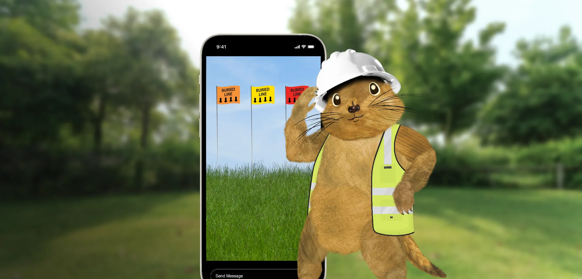 Prairie dog standing in front of a phone with line locate flags and a grassy field