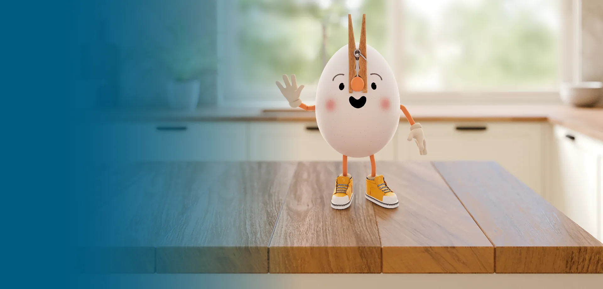 Egg with clothespin on his nose smiling and waving 